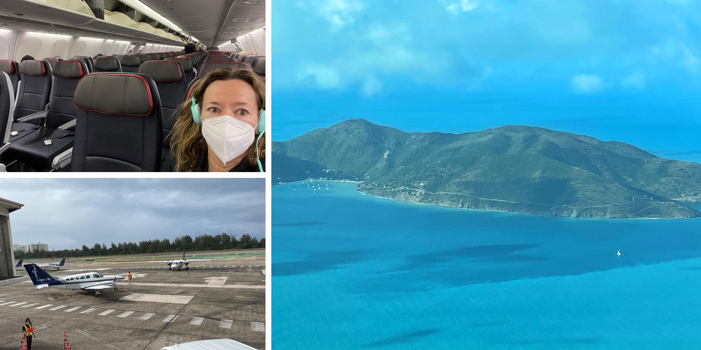Josie with mask on flight, Cape Air plane, birdeye view Tortola BVI