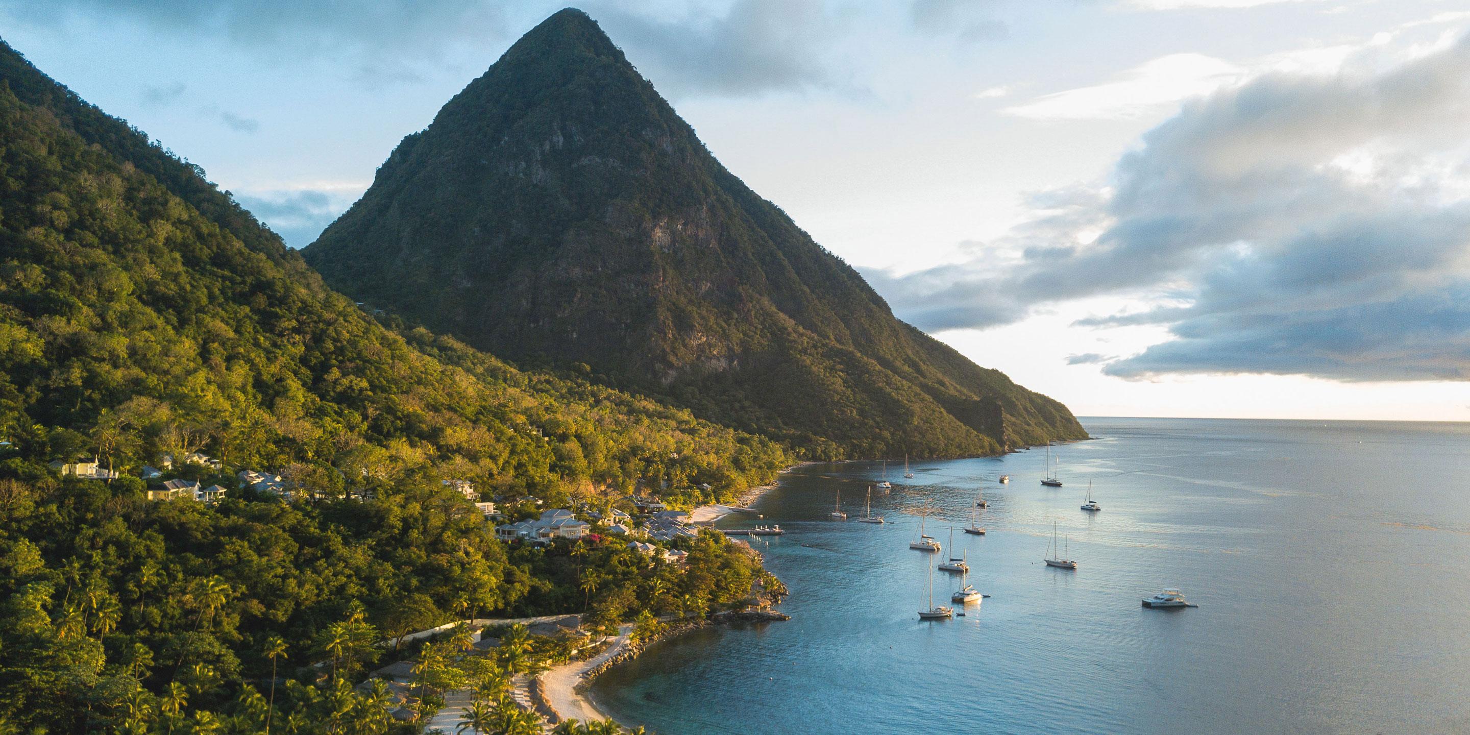 Sailboats anchored near the Pitons in St. Lucia